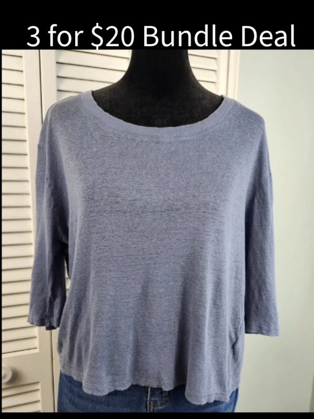 Minden Chan Anthropologie 100% Linen Tee Blue Cropped Large